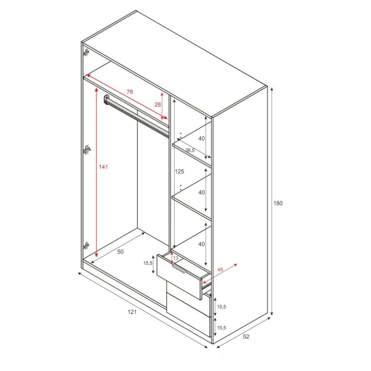 Guardaroba Allentown, Armadio per camera da letto a 3 ante e 3 cassetti, Mobile con barra appendiabiti e 3 ripiani, 121x52h180 cm, Bianco e Rovere