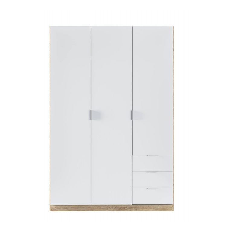 Guardaroba Allentown, Armadio per camera da letto a 3 ante e 3 cassetti, Mobile con barra appendiabiti e 3 ripiani, 121x52h180 cm, Bianco e Rovere