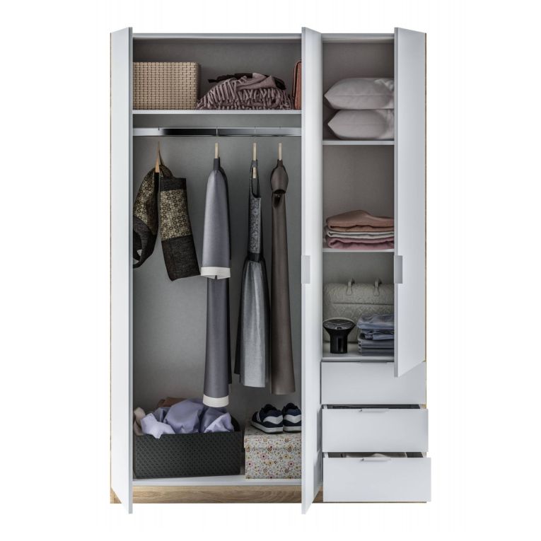 Guardaroba Allentown, Armadio per camera da letto a 3 ante e 3 cassetti, Mobile con barra appendiabiti e 3 ripiani, 121x52h180 cm, Bianco e Rovere