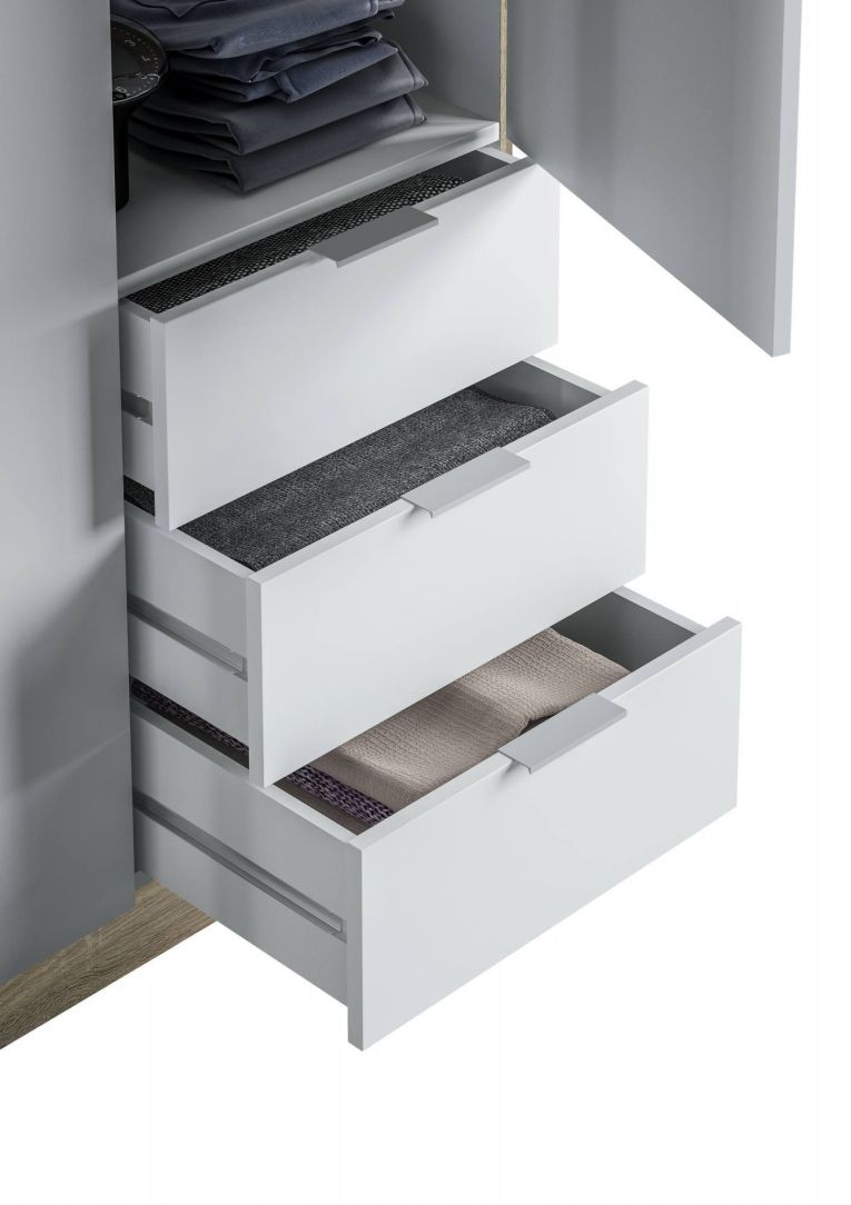 Guardaroba Allentown, Armadio per camera da letto a 3 ante e 3 cassetti, Mobile con barra appendiabiti e 3 ripiani, 121x52h180 cm, Bianco e Rovere