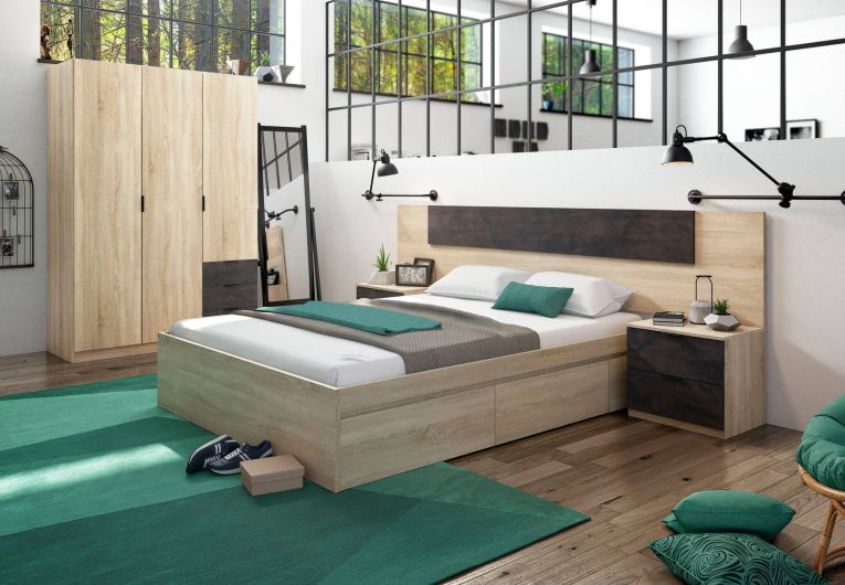 Guardaroba Allentown, Armadio per camera da letto a 3 ante e 3 cassetti, Mobile con barra appendiabiti e 3 ripiani, 121x52h180 cm, Rovere e Ossido
