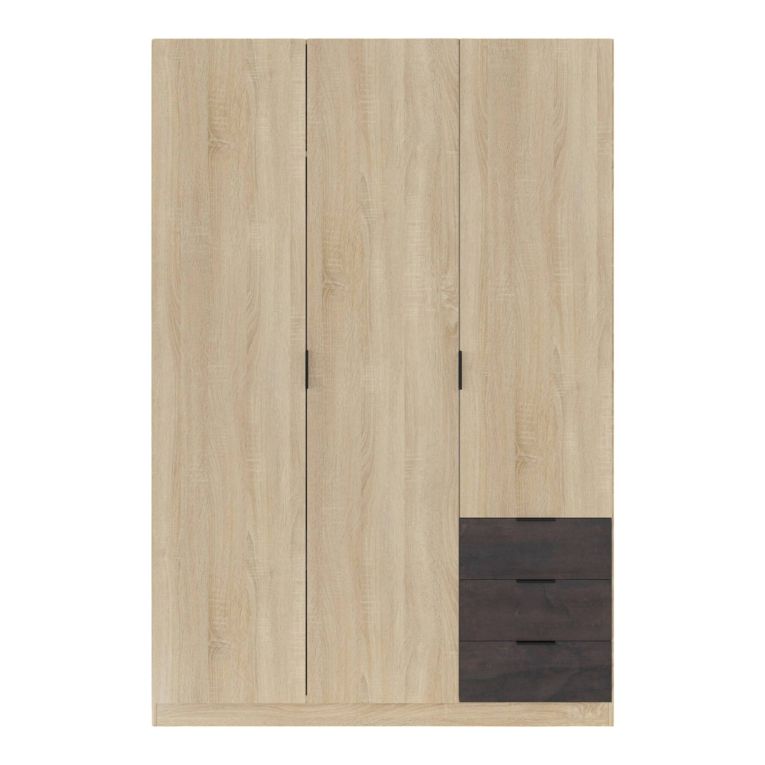 Guardaroba Allentown, Armadio per camera da letto a 3 ante e 3 cassetti, Mobile con barra appendiabiti e 3 ripiani, 121x52h180 cm, Rovere e Ossido