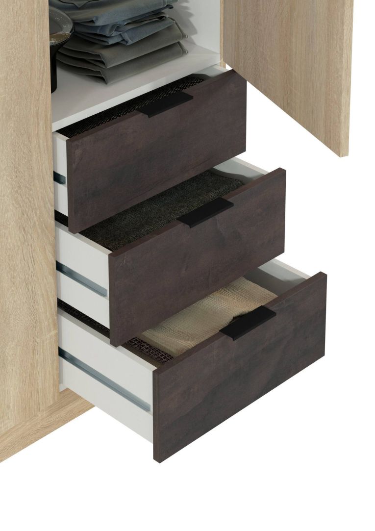 Guardaroba Allentown, Armadio per camera da letto a 3 ante e 3 cassetti, Mobile con barra appendiabiti e 3 ripiani, 121x52h180 cm, Rovere e Ossido