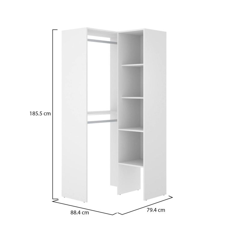 Guardaroba Bernina, Struttura per cabina armadio angolare, Mobile appendiabiti aperto ad angolo, 79x88h186 cm, Bianco