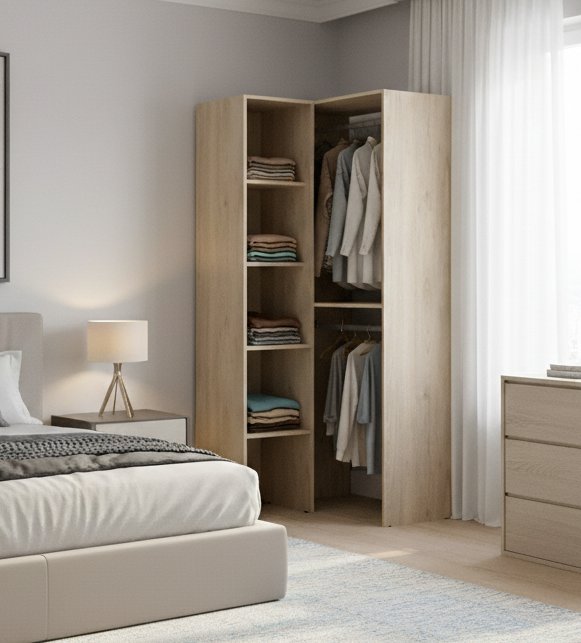 Guardaroba Bernina, Struttura per cabina armadio angolare, Mobile appendiabiti aperto ad angolo, 79x88h186 cm, Rovere