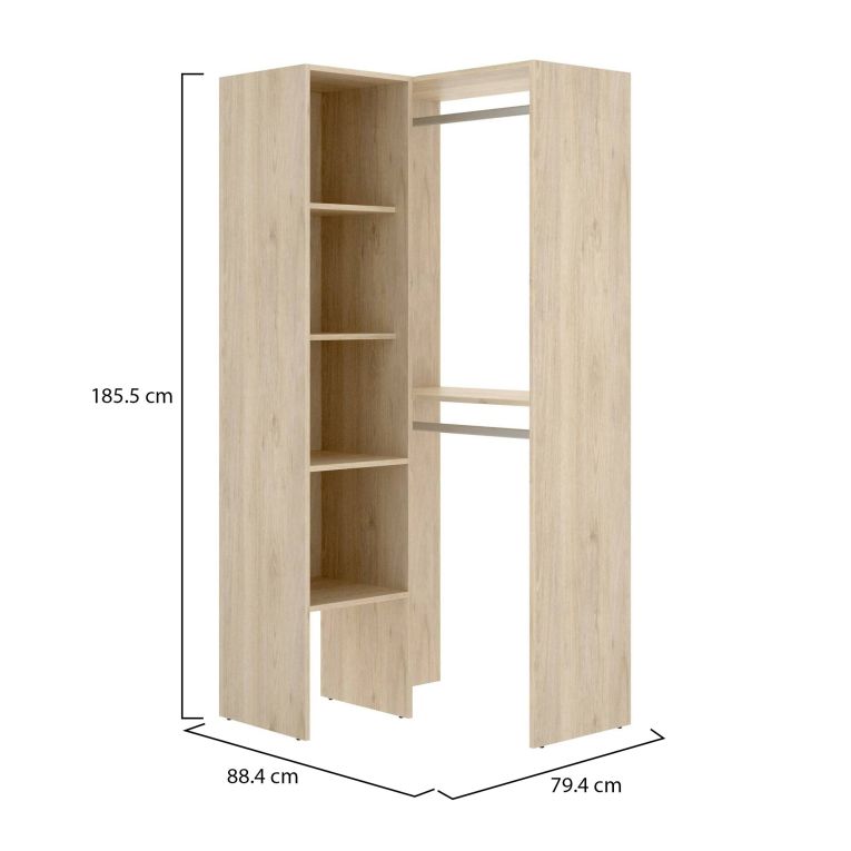Guardaroba Bernina, Struttura per cabina armadio angolare, Mobile appendiabiti aperto ad angolo, 79x88h186 cm, Rovere