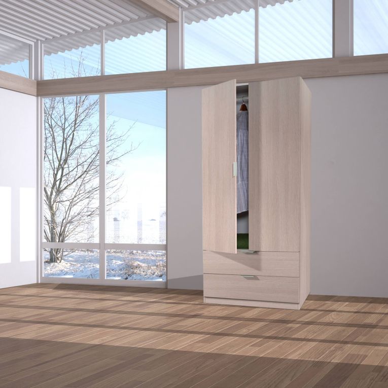 Guardaroba Burbank, Armadio per camera da letto a 2 ante e 2 cassetti, Mobile per camera da letto con barra appendiabiti, 81x52h180 cm, Quercia