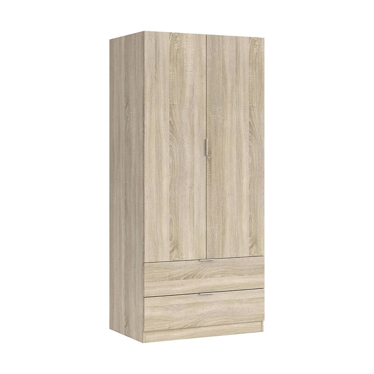 Guardaroba Burbank, Armadio per camera da letto a 2 ante e 2 cassetti, Mobile per camera da letto con barra appendiabiti, 81x52h180 cm, Rovere