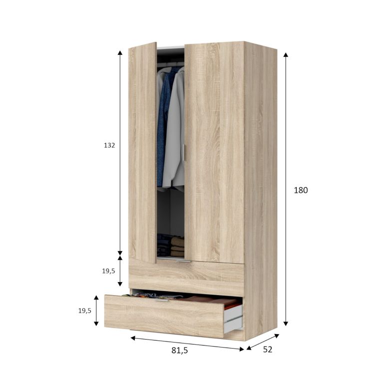 Guardaroba Burbank, Armadio per camera da letto a 2 ante e 2 cassetti, Mobile per camera da letto con barra appendiabiti, 81x52h180 cm, Rovere