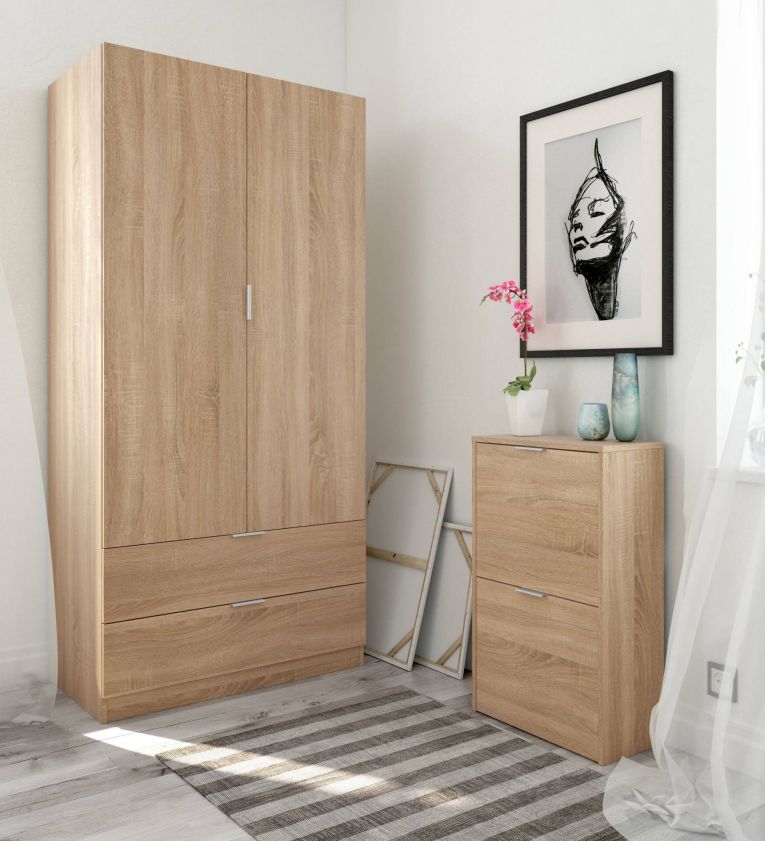 Guardaroba Burbank, Armadio per camera da letto a 2 ante e 2 cassetti, Mobile per camera da letto con barra appendiabiti, 81x52h180 cm, Rovere