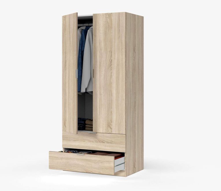 Guardaroba Burbank, Armadio per camera da letto a 2 ante e 2 cassetti, Mobile per camera da letto con barra appendiabiti, 81x52h180 cm, Rovere