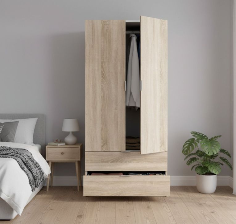 Guardaroba Burbank, Armadio per camera da letto a 2 ante e 2 cassetti, Mobile per camera da letto con barra appendiabiti, 81x52h180 cm, Rovere