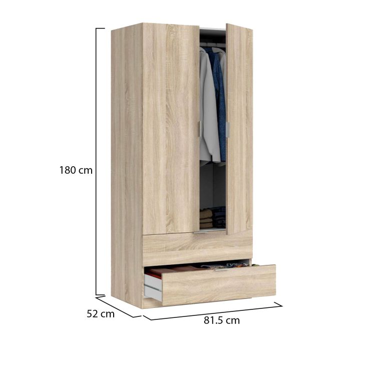 Guardaroba Burbank, Armadio per camera da letto a 2 ante e 2 cassetti, Mobile per camera da letto con barra appendiabiti, 81x52h180 cm, Rovere