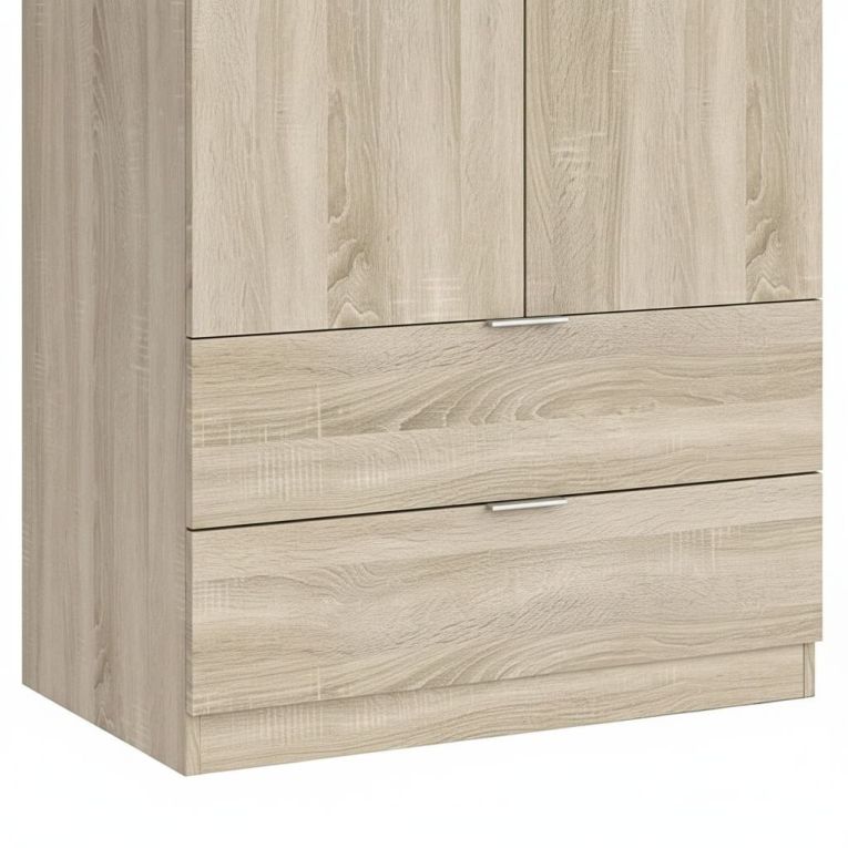 Guardaroba Burbank, Armadio per camera da letto a 2 ante e 2 cassetti, Mobile per camera da letto con barra appendiabiti, 81x52h180 cm, Rovere