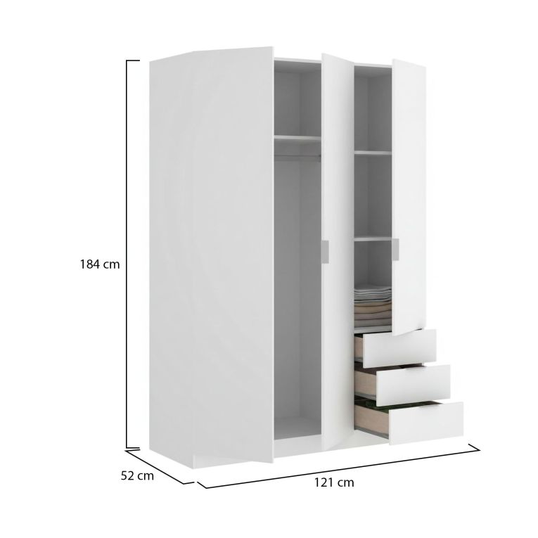 Guardaroba Cimone, Mobile appendiabiti per camera da letto, Armadio a 3 ante battenti e 3 cassetti, 121x52h184 cm, Bianco