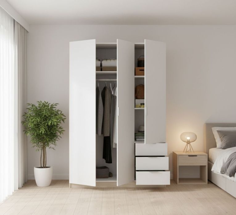 Guardaroba Cimone, Mobile appendiabiti per camera da letto, Armadio a 3 ante battenti e 3 cassetti, 121x52h184 cm, Bianco e Rovere