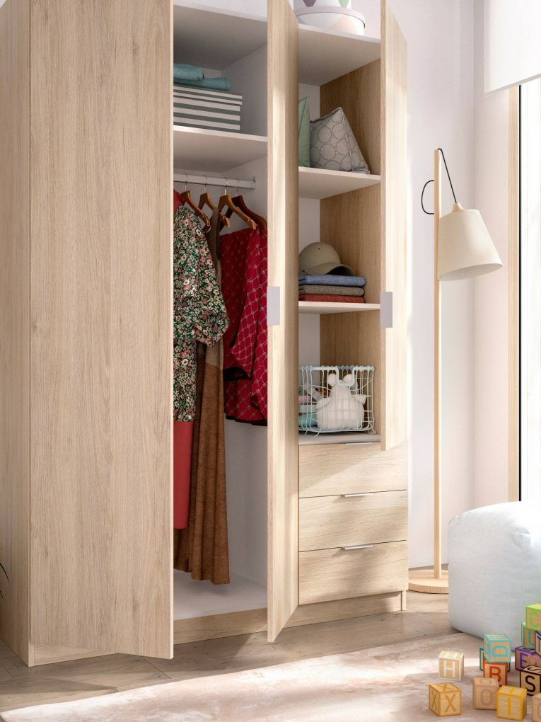 Guardaroba Cimone, Mobile appendiabiti per camera da letto, Armadio a 3 ante battenti e 3 cassetti, 121x52h184 cm, Rovere