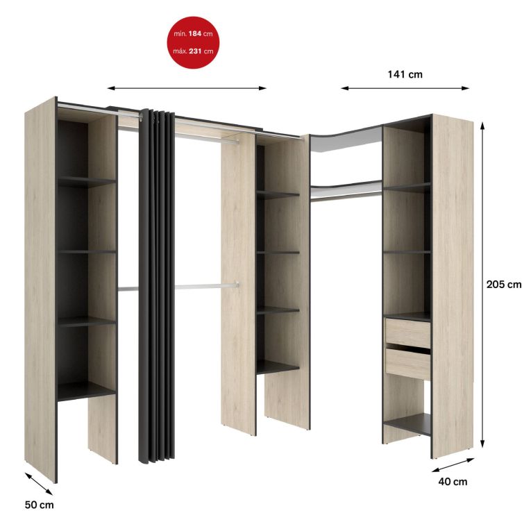 Guardaroba con ripiani regolabili antracite e rovere 234x205h cm - Dindo