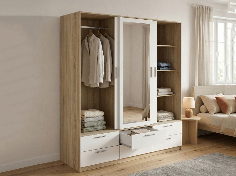 Guardaroba con specchio quercia e bianco lucido 181x200h cm - Astrolabio