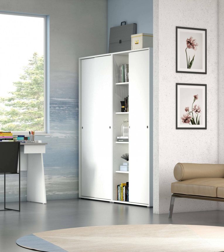 Guardaroba Dalia, Armadio a 2 ante scorrevoli e 4 ripiani, Mobile moderno multiuso per camera da letto, 100% Made in Italy, 90x45h195 cm, Bianco