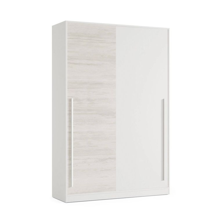 Guardaroba Downey, Armadio per camera da letto a 2 ante scorrevoli, Mobile con barra appendiabiti e 3 ripiani, 120x50h200 cm, Bianco anticato
