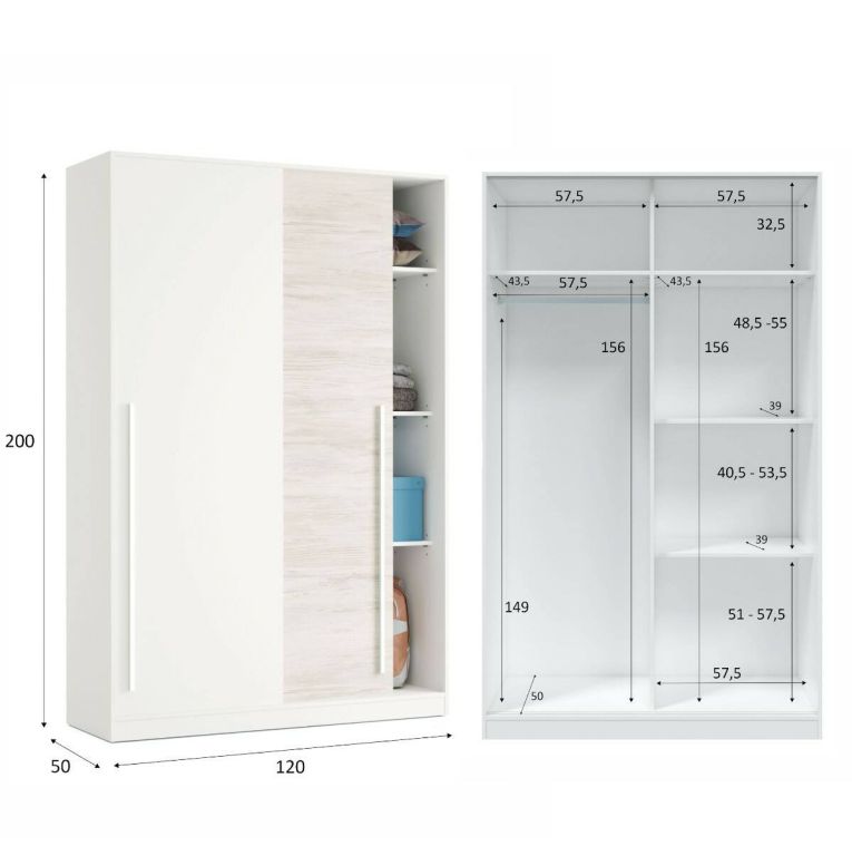 Guardaroba Downey, Armadio per camera da letto a 2 ante scorrevoli, Mobile con barra appendiabiti e 3 ripiani, 120x50h200 cm, Bianco anticato
