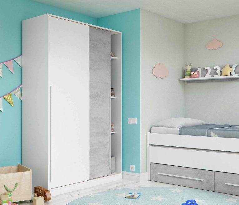 Guardaroba Downey, Armadio per camera da letto a 2 ante scorrevoli, Mobile con barra appendiabiti e 3 ripiani, 120x50h200 cm, Cemento e Bianco