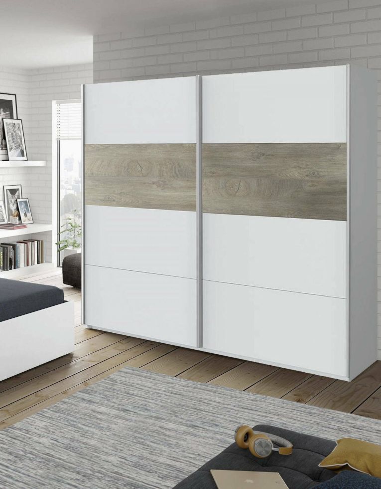 Guardaroba Elgin, Armadio per camera da letto a 2 ante scorrevoli, Mobile con barra appendiabiti e 3 ripiani, 180X60h200 cm, Bianco e Rovere