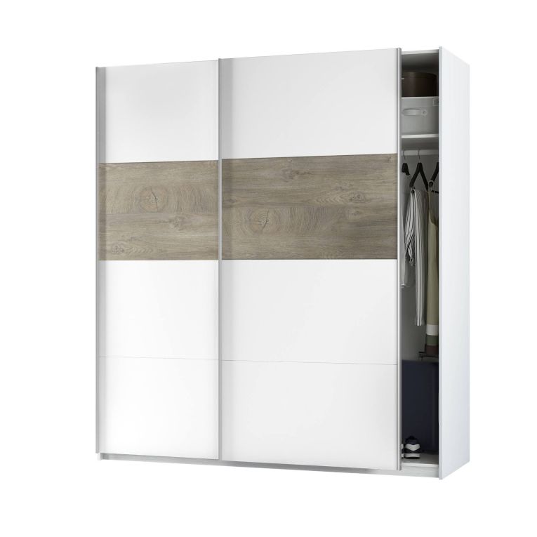Guardaroba Elgin, Armadio per camera da letto a 2 ante scorrevoli, Mobile con barra appendiabiti e 3 ripiani, 180X60h200 cm, Bianco e Rovere