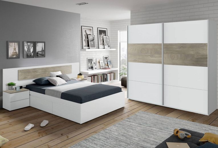 Guardaroba Elgin, Armadio per camera da letto a 2 ante scorrevoli, Mobile con barra appendiabiti e 3 ripiani, 180X60h200 cm, Bianco e Rovere