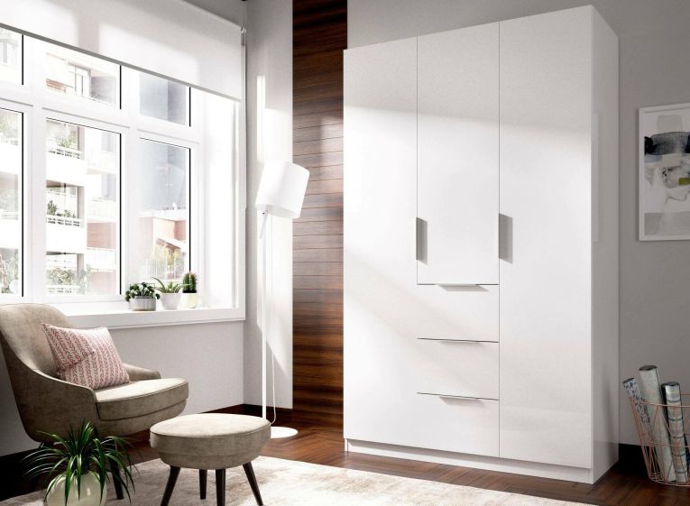 Guardaroba Falterona, Mobile appendiabiti per camera da letto, Armadio a 3 ante battenti e 3 cassetti, 135x52h204 cm, Bianco lucido