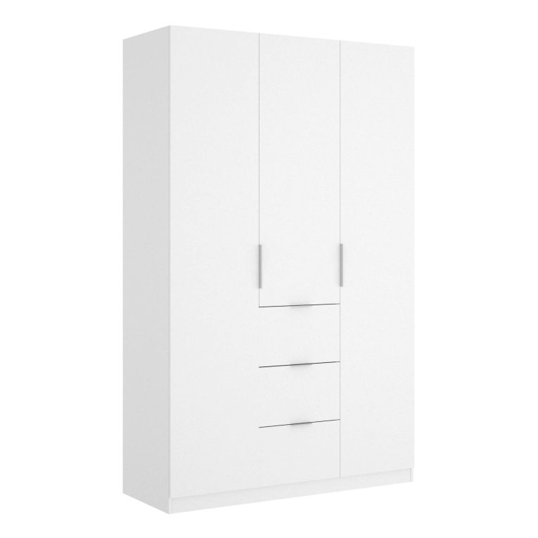 Guardaroba Falterona, Mobile appendiabiti per camera da letto, Armadio a 3 ante battenti e 3 cassetti, 135x52h204 cm, Bianco lucido