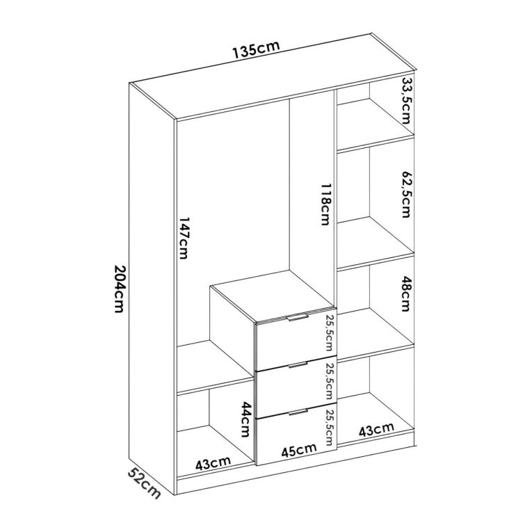 Guardaroba Falterona, Mobile appendiabiti per camera da letto, Armadio a 3 ante battenti e 3 cassetti, 135x52h204 cm, Bianco lucido