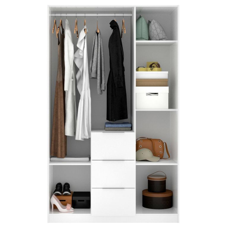 Guardaroba Falterona, Mobile appendiabiti per camera da letto, Armadio a 3 ante battenti e 3 cassetti, 135x52h204 cm, Bianco lucido