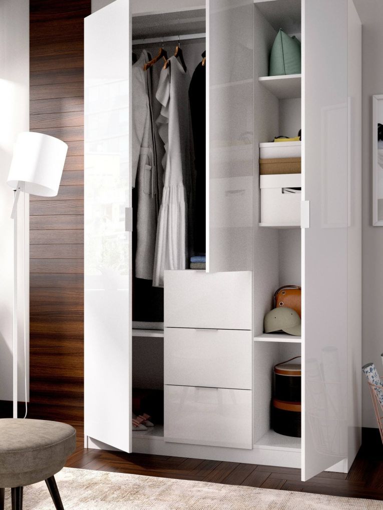 Guardaroba Falterona, Mobile appendiabiti per camera da letto, Armadio a 3 ante battenti e 3 cassetti, 135x52h204 cm, Bianco lucido