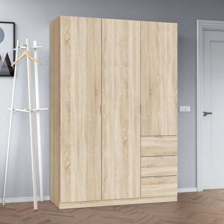Guardaroba Fullerton, Armadio per camera da letto a 3 ante e 3 cassetti, Mobile con 3 ripiani e barra appendiabiti, 135x52h200 cm, Rovere