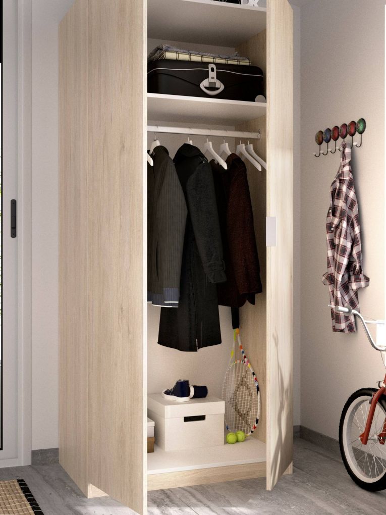 Guardaroba Giovo, Mobile appendiabiti per camera da letto, Armadio a 2 ante battenti, 81x52h184 cm, Rovere
