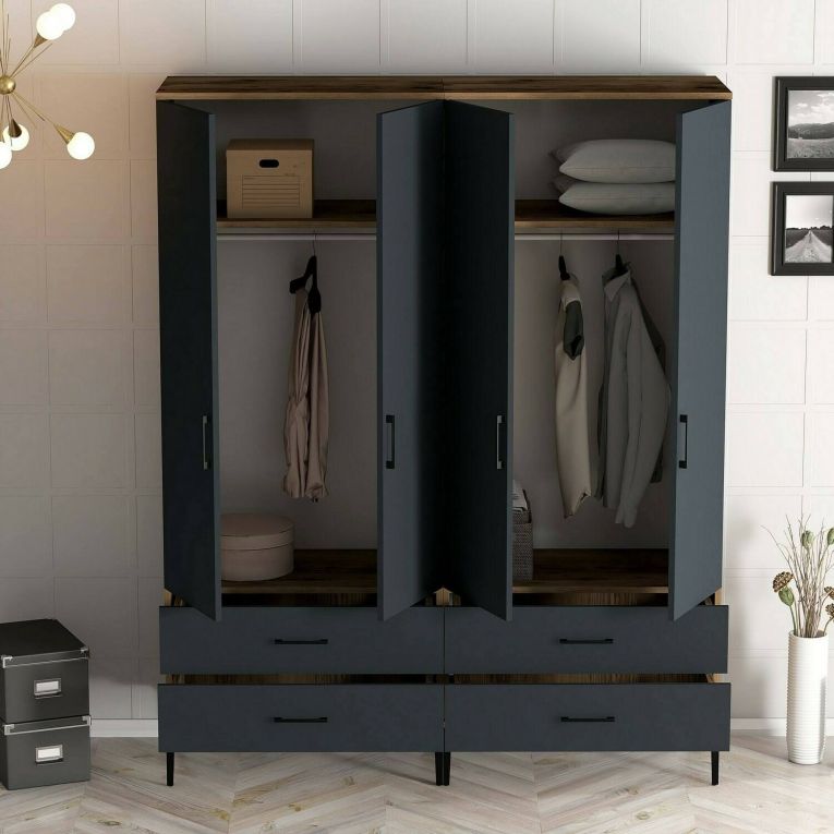 Guardaroba grande Atria, Mobile camera da letto, Cabina armadio con ante, Armadio appendiabiti, 160x201h48 cm, Noce e Antracite
