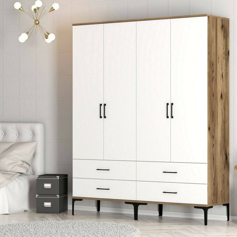 Guardaroba grande Atria, Mobile camera da letto, Cabina armadio con ante, Armadio appendiabiti, 160x201h48 cm, Noce e Bianco