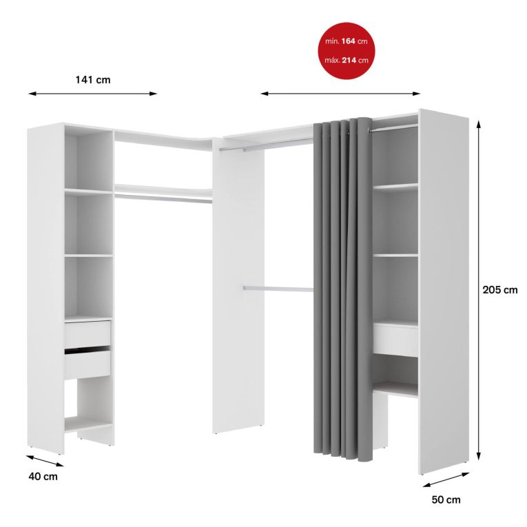 Guardaroba grande Bazena, Mobile camera da letto, Cabina armadio portabiti, Armadio appendiabiti, 214x141 h205 cm, Bianco