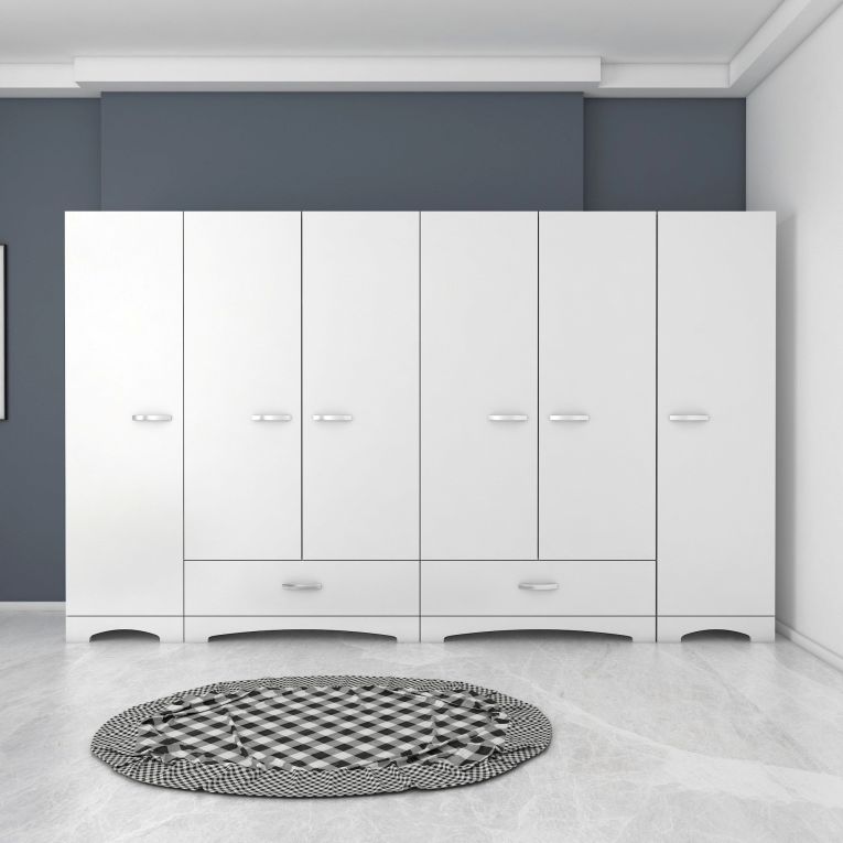 Guardaroba Grande Bianco 10 Ripiani Appendiabiti 243x181h cm, 2 Cassetti - Madruzzo