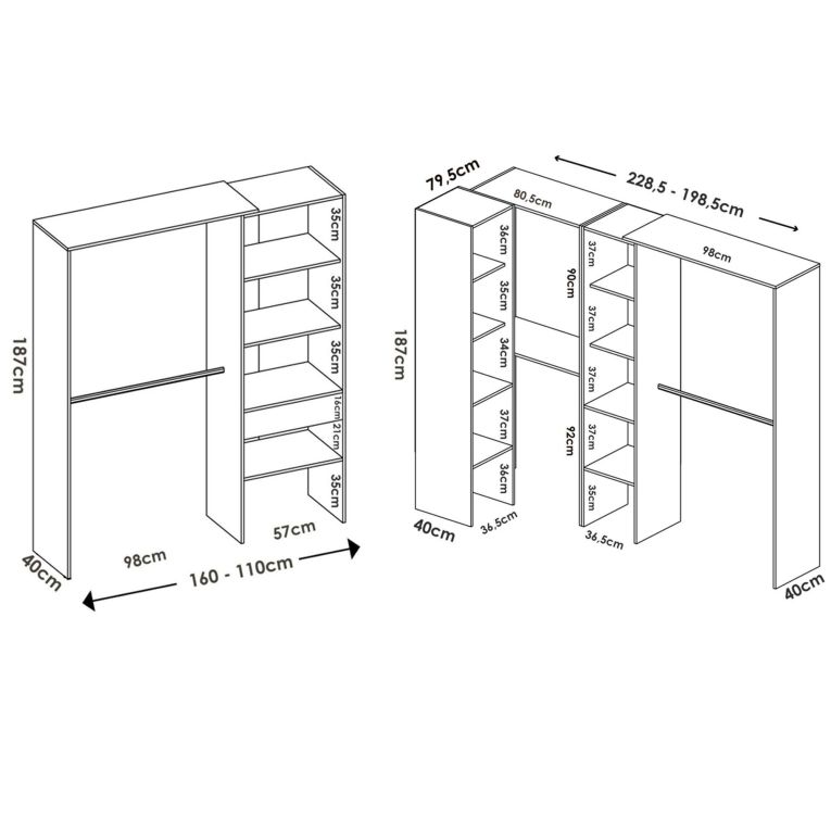 Guardaroba Grande Bianco 12 Ripiani Appendiabiti 388x187h cm, Modulabile - Trana