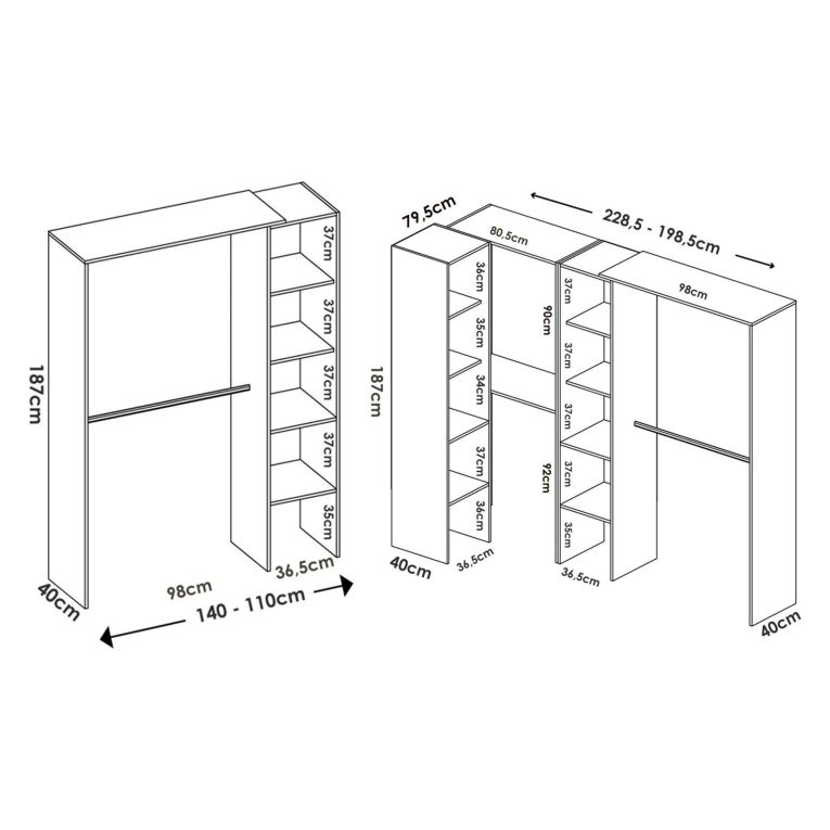 Guardaroba Grande Bianco 13 Ripiani Appendiabiti 369x187h cm, Modulabile - Comano