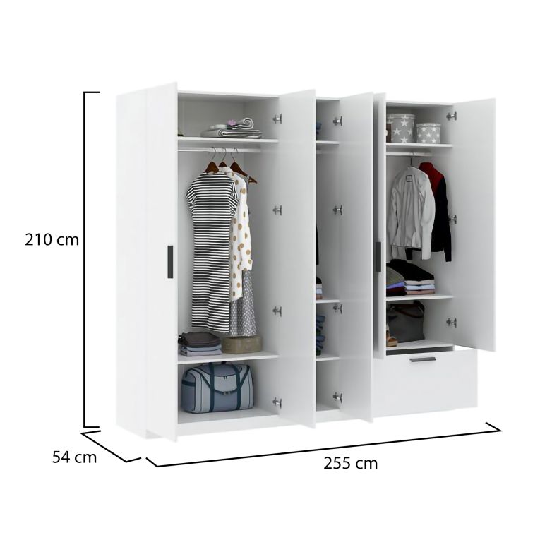 Guardaroba Grande Bianco 3 Ripiani Appendiabiti 225x210h cm, un Cassetto - Letesori