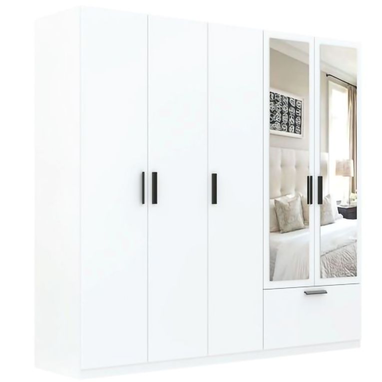 Guardaroba Grande Bianco 3 Ripiani Appendiabiti 225x210h cm, un Cassetto - Letesori
