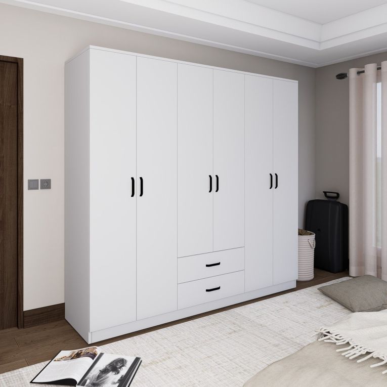 Guardaroba Grande Bianco 6 Ripiani Appendiabiti 180x190h cm, 2 Cassetti - Copiano
