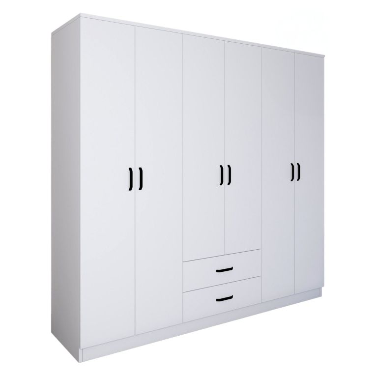Guardaroba Grande Bianco 6 Ripiani Appendiabiti 180x190h cm, 2 Cassetti - Copiano