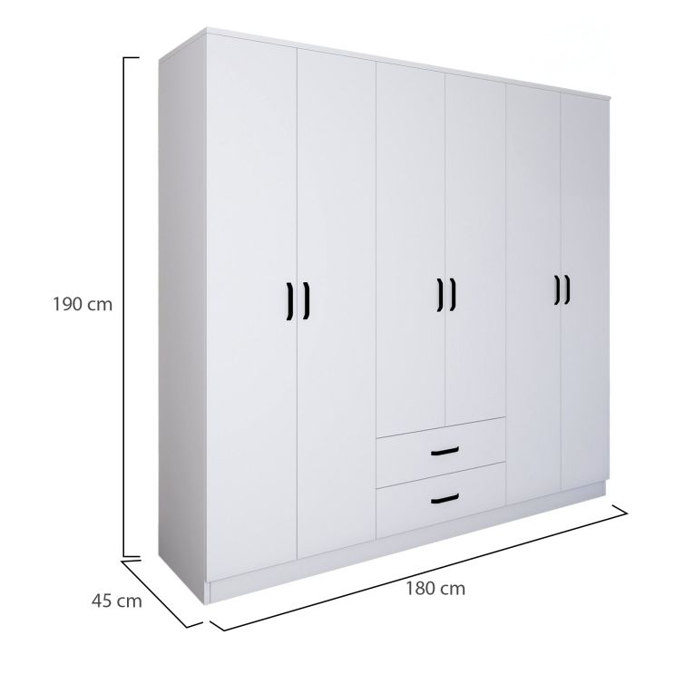 Guardaroba Grande Bianco 6 Ripiani Appendiabiti 180x190h cm, 2 Cassetti - Copiano