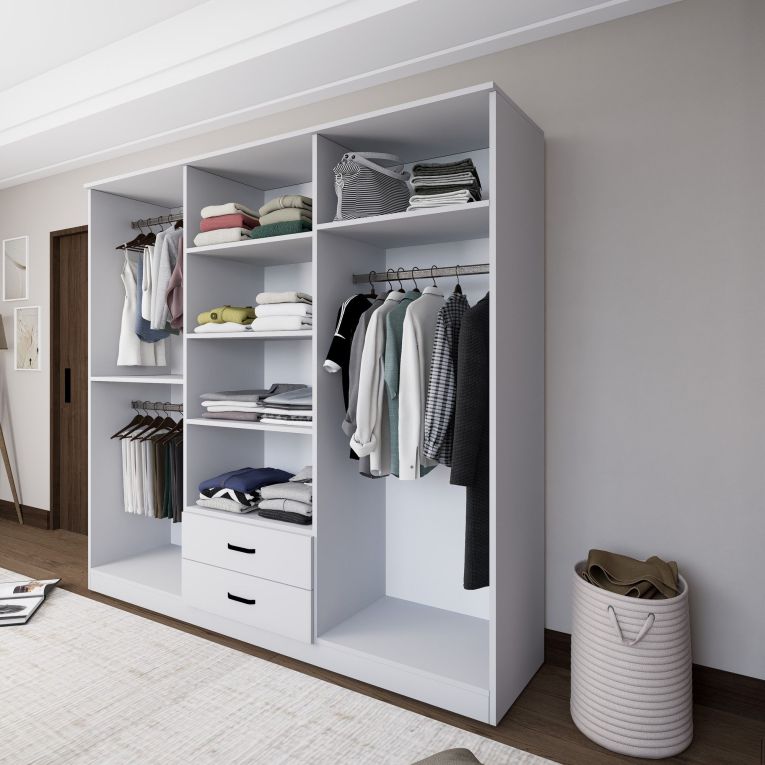 Guardaroba Grande Bianco 6 Ripiani Appendiabiti 180x190h cm, 2 Cassetti - Copiano