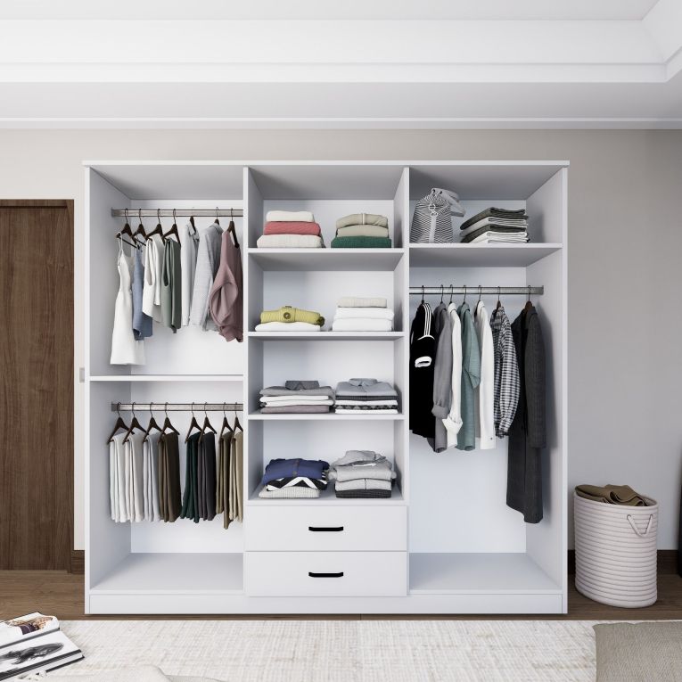 Guardaroba Grande Bianco 6 Ripiani Appendiabiti 180x190h cm, 2 Cassetti - Copiano